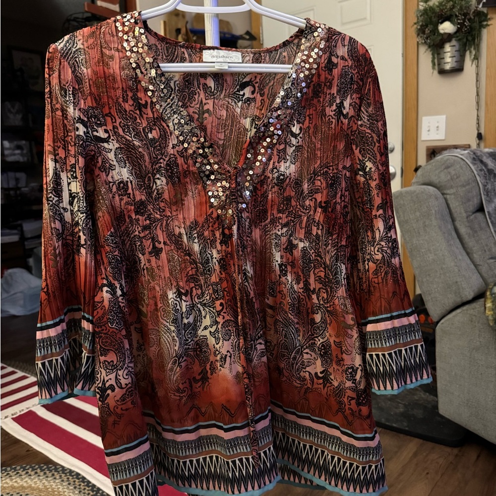 Dress Barn Red and Black Embellished Blouse